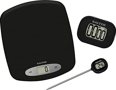 Salter Set Regalo da Cucina, per Principianti, Bilancia da Cucina 5 kg Termometro A Lettura Immediata, Timer, Graduazioni di 0,1 °c, Timer 99 Min. 59 Sec., Display di Facile Lettura, Nero