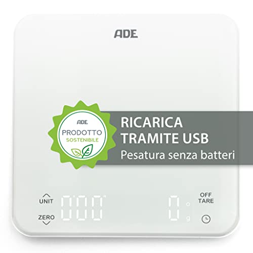 ADE , Bilancia da Cucina Digitale, Ricarica Nuria Tramite USB Senza Batteria, Bilancia Caffè Precisa Fino a 5 kg/1 g, con Display Magic LED e Contagocce, Piano di Pesata Compatto in Vetro di Sicurezza