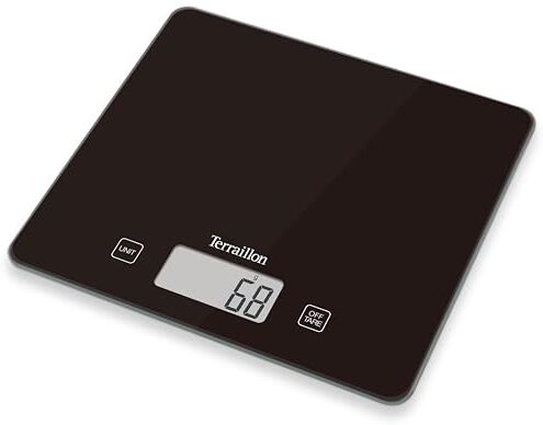 Terraillon Bilancia da Cucina Elettronica Tare, Conversioni Liquide, Maniglia Integrata, Portata 5 kg, Precisione 1g Ultra Sottile Classic Black Nero