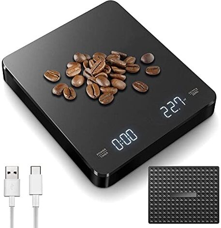 Bull Bilancia Caffè Digitale con Timer 3 kg/0,1 g, Bilancia da Cucina Elettronica peso Alimentare Ricaricabile Bilancia Caffè Digitale LED Schermo Nascosto con Pad in Silicone