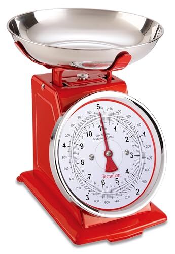 Terraillon Bilancia da cucina vintage Tara manuale, quadrante grande e vaschetta da 1 litro, capacità 5 kg Modello 'Tradition 500' rosso