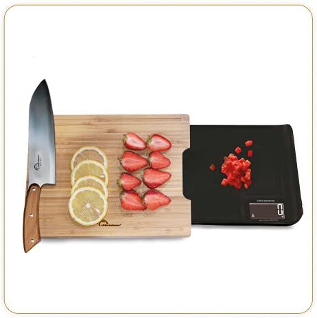 LITTLE BALANCE Chef 5 Trio USB Bilancia da cucina Ricaricabile USB Bilancia 3 in 1: Tagliare, pesare, versare, tutto in una singola bilancia da cucina. 5 kg/1 g Bambù genuino