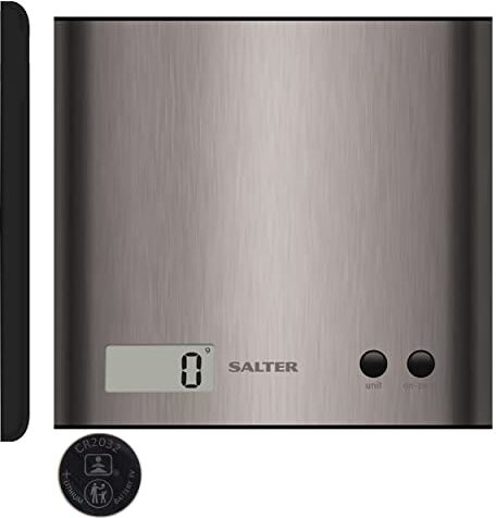 Salter 1087 SSDCDU Bilancia da Cucina Digitale di precisione Salvaspazio, con Funzione Aggiungi e pesa per Pesare Ingredienti nello Stesso Recipiente, Ampio Display, Capacità 3kg, Acciaio Cromato