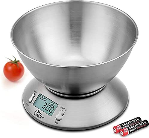 Uten Bilancia elettronica da cucina, Bilancia digitale con ciotola staccabile in acciaio inox, 11 libbre, 5 kg, con sensore di temperatura ambiente e bilancia da cucina di precisione