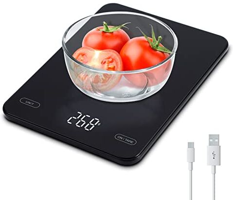 Bull Bilancia Digitale Ricaricabile per Alimenti da Cucina, Display In Vetro LED Bilance per Alimenti per Cottura USB Ricaricabile con Tara e Funzione di Conversione dell'Unità, 5g/10kg