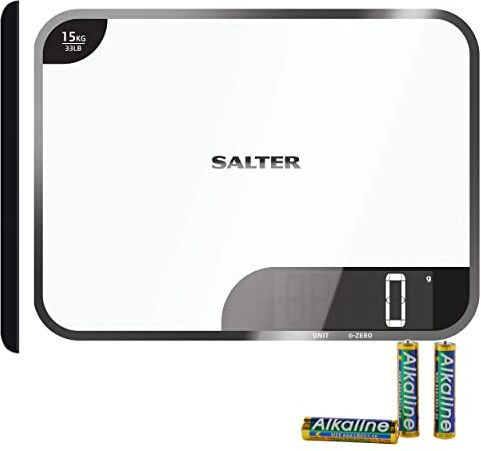 Salter bilancia da cucina digitale di precisione, 15 kg max, misur liquidi e fluidi, aggiungi e pesa funzione tara, design sottile, displ. facile lettura, fin. specchio, bianco