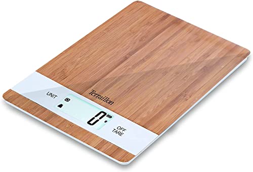 Terraillon BAMBOO Bilancia da cucina USB, ricaricabile tramite USB, spegnimento automatico, funzione tara e conversione liquido, portata 5 kg, Bamboo