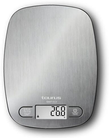 Taurus Easy Inox Bilancia da cucina digitale, capacità 5 kg, funzione tara, 4 sensori di precisione, colore argento, 15 cm x 20 cm