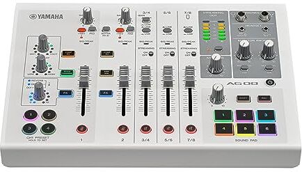 Yamaha AG08 Mixer Loopback a 8 canali bianco per streaming live/interfaccia USB con Steinberg Software Suite