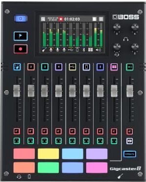 Boss Gigcaster 8   Mezclador de streaming de audio de 8 canales con entrada directa de guitarra/bajo   4 entradas combo XLR/TRS   Micro estéreo integrado   8 pads SFX   Interfaz de audio USB 20x14