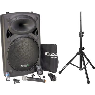 Ibiza PORT15VHF-BT + Supporto dell'altoparlante porta Impianto audio portatile cassa attiva (800 Watt, ingressi USB SD MP3 con funzione recording, 2 microfoni, batteria integrata, telecomando), nero Ibiza PORT15VHF-BT + Supporto dell'altoparlante porta Impianto audio portatile cassa attiva (800 Watt, ingressi USB SD MP3 con funzione recording, 2 microfoni, batteria integrata, telecomando), nero