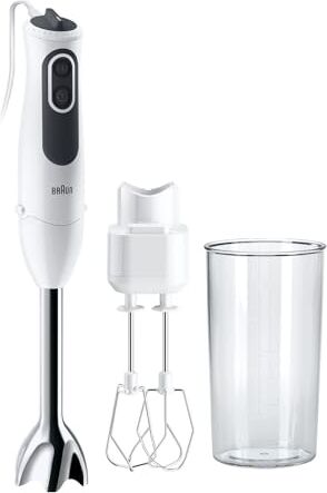 Braun MultiQuick 3V, MQ3105B, 750W, Frullatore a Immersione, 11 Velocità, Tecnologia Splash Control, Parti Lavabili in Lavastoviglie, Bicchiere in Plastica BPA-free 600ml, Doppia Frusta, Bianco