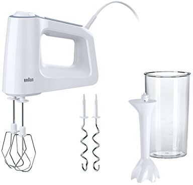 Braun HM3105WH MultiMix Serie 3, Sbattitore Elettrico a 5 Velocità e Turbo, Impugnatura Antiscivolo, Dotato di 2 fruste, 2 Ganci, Asta per Montare e Bicchiere Graduato da 600ml, Potenza 500 W, Bianco