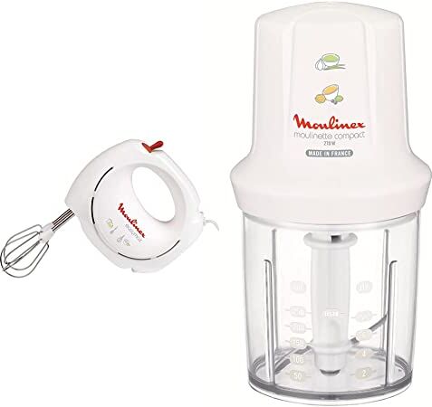 Moulinex Dj3001 Moulinette Compact, 270 W, 43 Decibel & Easy Max Abm11A Easymax Sbattitore A 2 Velocità Con 2 Set Di Fruste, Montatura A Neve Degli Albumi, 200 W, 1 Decibel, Plastica, Rosso/Bianco