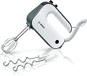 Bosch Miscelatore manuale a 5 livelli, 2 ganci per frusta e impastare, cavo a spirale, 850 W, colore: bianco/argento scuro