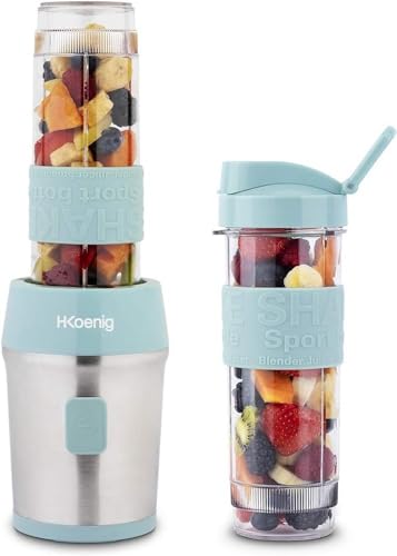 h.koenig Mini Frullatore per SMOOTHIE Compatto 570mL  Senza BPA Potente 300W, Frullatore per smoothie e frullati 2 Bottiglie Portatili con coperchio, 4 Lame in acciaio Inox, Blu pastello