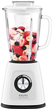 Krups Mixer  Blendforce+ con base, 800 W, contenitore in vetro resistente al calore, 6 coltelli con tecnologia Powelix; 2 velocità + Pulse; funzione Ice Crush; tecnologia Smart- Lock; Bianco