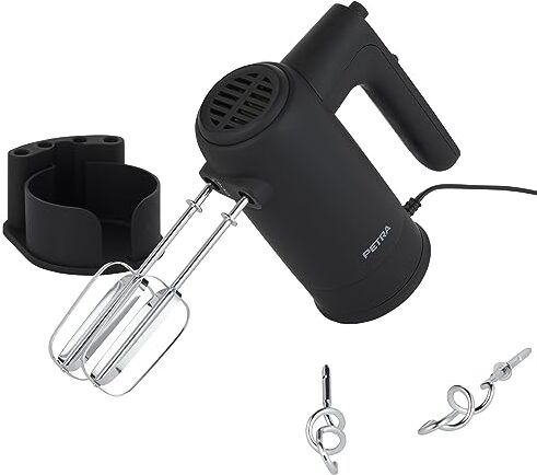 Petra Handmixer Handrührer Elektrischer Küchenmixer zum Kneten/Schlagen, Schneebesen/Knethaken inklusive, 5 Geschwindigkeiten Mixer, Aufbewahrungsbasis, Handrührgerät, 300 W, Schwarz