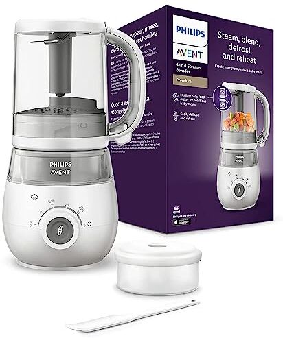 Philips B07FN4CL35–  Avent  EasyPappa Plus 4 in 1 Cuocipappa Multifunzione, Cuoci a Vapore, Frulla, Scongela e Riscalda in un Recipiente, 1 litro, Bianco/Grigio