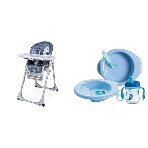 Chicco Polly Easy Seggiolone Pappa Evolutivo per Bambini da 6 Mesi a 3 Anni (15 kg) & Set per la Pappa Composto da Tazza Training Cup, Primo Cucchiaio, Piatto Pappa Calda