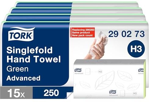 Tork Green Singlefold Hand Towels, H3, Salviette di carta piegate universali per dispenser Singlefold economiche, 1 strato, verdi 20 x 200 fogli,