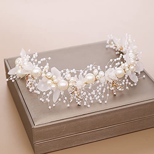 Generic Tiara di diamanti fatta a mano floreale fiori bianchi fascia per capelli nastro di perle filati fasce per capelli da sposa pezzi per la testa di spettacolo nuziale per le donne gio