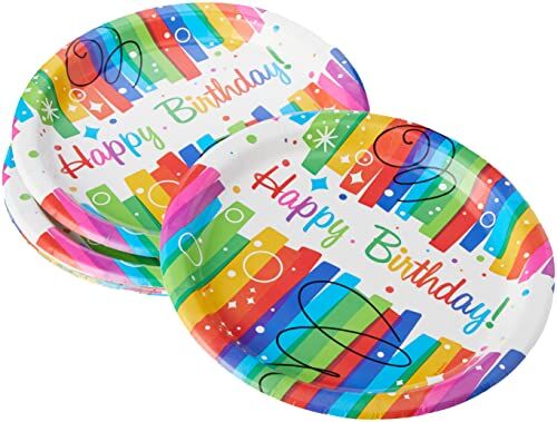 Unique Party  Piatti per Feste di Compleanno con Nastri Arcobaleno, diametro 21.9 cm, Confezione da 8