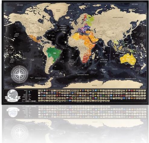 Generic Scratch off World Map Black Map with Gold Foil, Map size to fit standard Frames, World Map with Country Flags