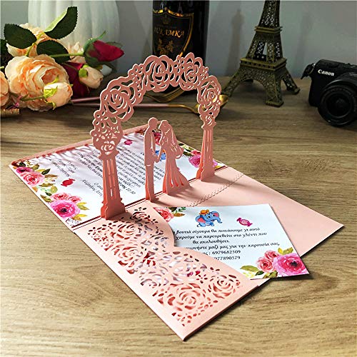 KUCHYNEE Invito a nozze pop-up 3D Rosa con carte RSVP sposa e sposo tagliati laser per fidanzamento, anniversario, inviti matrimonio con busta, 20 pezzi