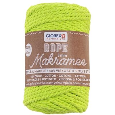 Glorex Corda per macramè 3 mm, 250 g, Giallo Neon, Lunghezza 63 m, Ritorto, Filato Tessile in 60% Cotone, 40% Viscosa, per Uncinetto, Maglia, annodatura e Design Tessile Glorex Corda per macramè 3 mm, 250 g, Giallo Neon, Lunghezza 63 m, Ritorto, Filato Tessile in 60% Cotone, 40% Viscosa, per Uncinetto, Maglia, annodatura e Design Tessile