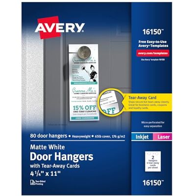 Avery Appendini da porta stampabili con biglietti a strappo, 10,8 x 27,9 cm, bianco opaco, 80 ganci bianchi per porte per stampanti laser e a getto d'inchiostro () Avery Appendini da porta stampabili con biglietti a strappo, 10,8 x 27,9 cm, bianco opaco, 80 ganci bianchi per porte per stampanti laser e a getto d'inchiostro ()