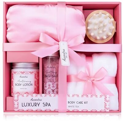 accentra Set benessere Luxury Spa in confezione regalo, set regalo per le donne con lozione per il corpo da 250 ml, sali da bagno da 200 g, maschera per dormire, spazzola da massaggio e asciugamani accentra Set benessere Luxury Spa in confezione regalo, set regalo per le donne con lozione per il corpo da 250 ml, sali da bagno da 200 g, maschera per dormire, spazzola da massaggio e asciugamani