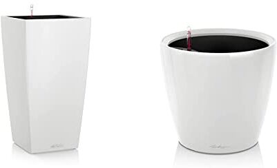 Lechuza Cubico Color 22 Vaso in Resina per Piante Set Completo Bianco opaco & Set completo Vaso Classico Premium 21, Colore bianco lucido