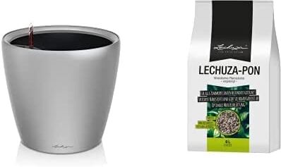 Lechuza Premium Classico 28 centimetri Laccato Argento Auto Watering tradizionale rotonda Planter Pot Pon, Substrato minerale e inorganico, a rilascio graduale di sostanze nutritive