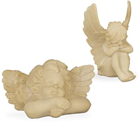 Relaxdays Statua Angelo Custode, Set da 2 Cherubini, Resistente alle Intemperie & Gelo, Decorazione, Angioletti, Crema