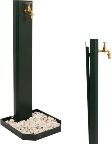 Tecno Escelsior Fontana da giardino, per esterno. Fontanella a colonna moderna, colore antracite, in acciaio. Rubinetto in ottone, flessibile, raccordo e ciottoli Compresi. Altezza 1mt (CON CIOTTOLI, VERDE)