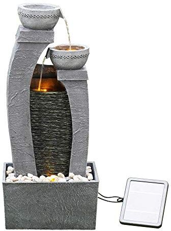 Teamson Home Fontana D'Acqua a Energia Solare con Luci per Esterni e Giardino, Fontana a Cascata, Decorazione a Cascata Interni Grigio Ardesia e Batteria di Riserva