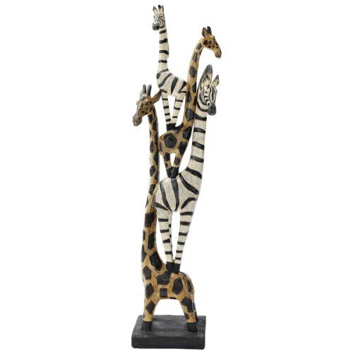 Design Toscano Statua Totem Africano Animali Zebre e Giraffe dell'Artista Komnan Ohene, Multicolore, 9x11.5x49.5 cm