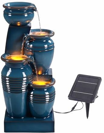 Teamson Home Fontana Solare a Energia Solare a 4 Livelli a Cascata  28.74 pollici con Luci a LED per Giardini, Paesaggi, Patii, Balconi, Prati, Blu