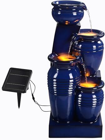 Teamson Home Fontana d'Acqua Solare a Energia Solare a 4 Livelli a Cascata con Luci a LED per Giardini, Paesaggi, Patii, Balconi, Prati, Blu Navy