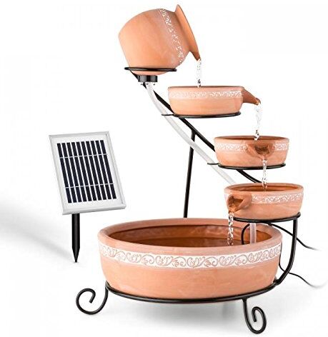 blumfeldt Empoli Full Relax Fontana a Funzionamento Solare, Fontana a Cascata da Giardino, Pannello Solare 2Watt, Portata 200 L/h, Pompa Circolazione, Vasi in Terracotta, LED, Color Marrone