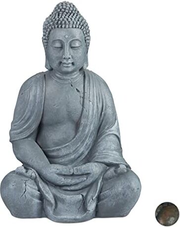 Relaxdays Statua del Buddha Seduto XL 70cm, per Giardino, Soggiorno, in Ceramica, Impermeabile Anti-Gelo Grigio Chiaro