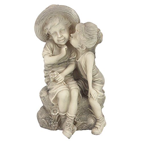 Design Toscano Bambini che si scambiano un bacio Bambino e Bambina Statuetta decorativa da esterni, poliresina, pietra antica, 35,5 cm