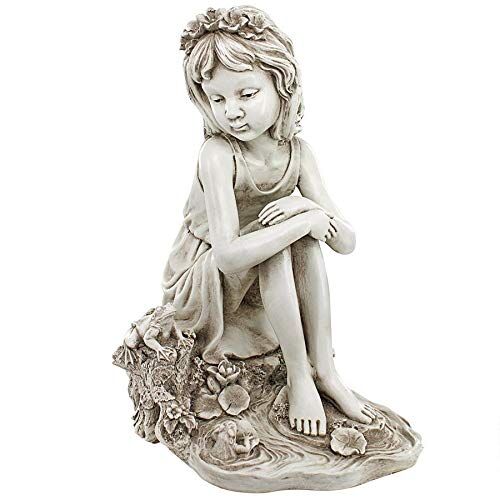 Design Toscano Pausing by The Pond Little Girl Garden Statue, 34,3 cm Lx10 Px17 H, finitura in pietra antica