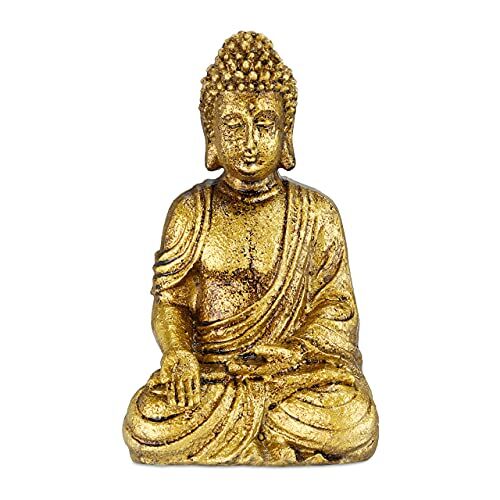 Relaxdays Buddha, Figura da Giardino, Resistente alle Intemperie, Buddha Seduto, in Poliresina, HLP: 17x10x7 cm, Dorata