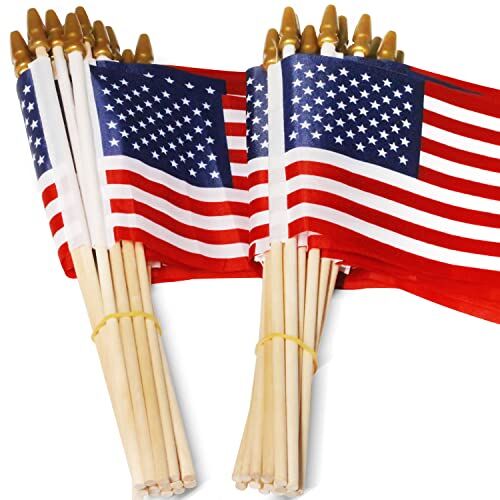 Anley USA Stick Flag, American US 4x6 inch (10 X 15cm) Mini Bandiera Portatile con Asta in Legno da 9" Colori Vivaci United States 4 x 6 inch Hand Held Stick Flags with Spear Top (50 Pcak)