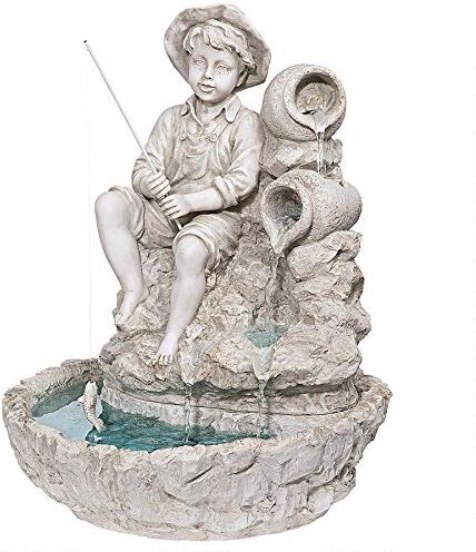 Design Toscano Piccolo pescatore alla fontana scultorea Fishin' Hole, finitura in pietra antica