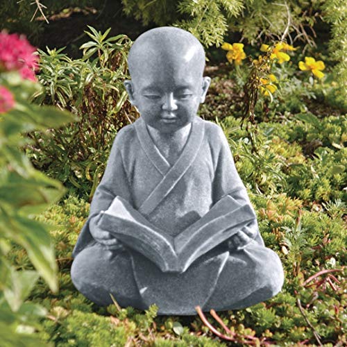 Design Toscano Piccolo Buddha che studia i 5 precetti Decorazione in stile asiatico Statua da esterni, poliresina, pietra grigia, 30 cm