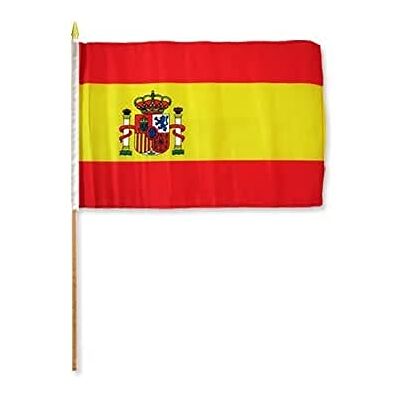 AZ FLAG PACCO 10 BANDIERE SPAGNA 45x30cm con asta di legno BANDIERA SPAGNOLA 30 x 45 cm AZ FLAG PACCO 10 BANDIERE SPAGNA 45x30cm con asta di legno BANDIERA SPAGNOLA 30 x 45 cm