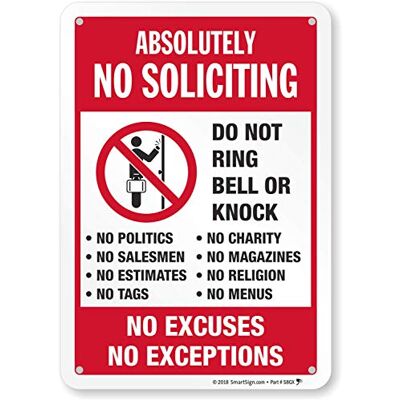 SmartSign Pannello ed etichetta Absolutely No Soliciting Pannello riflettente in alluminio, 25,4 x 17,8 cm. SmartSign Pannello ed etichetta Absolutely No Soliciting Pannello riflettente in alluminio, 25,4 x 17,8 cm.
